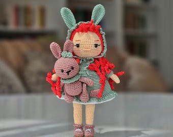 Handmade Amigurumi Bunny Girl Doll with Plush Rabbit – Crochet Toy, Cute Collectible Doll, Soft Gift for Kids and Adults, Nursery Room Decor