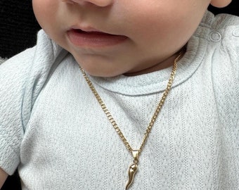 18K Baby Girl Italian Cornicello Necklace, Italian Jewelry For Toddler, Amulet Chain, Kids Cornicello, Italian Grandchild Gift, Pepper Charm