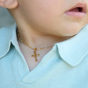 18K Gold Cross Necklace for Baby, Gold Filled Crucifix on Figaro Chain, Baby Boy Chain, Baby Girl Cross Jewelry, Gift for Kids
