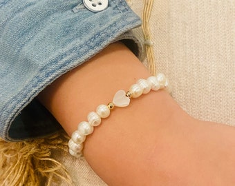Tiny Pearl Bracelet for Toddler Girls, Baby Pearl Bracelet with Heart Clasp, First Pearl Jewelry, Little Girl Bracelet, Baby Shower Gift