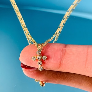 18K Gold Filled Cross Necklace, Cubic Zirconia, Baptism Gift
