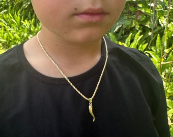 18K Kids Italian Cornicello on Rope Necklace, Gold Italy Horn Chain, Italian Jewelry, Gift for Italian Boy, Mano Cornuto, Gold Filled Chain