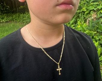 18K Gold Cross Necklace for Boy, Figaro Chain, Kids Crucifix Necklace, Religious Baby Gift, Communion Necklace, Christian Childrens Jewelry