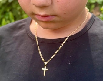 18K Toddler Boy Cross Necklace, Figaro Chain Cross, Ready to ship, Curb Chain, Gold Necklace, Boy Cross Necklace, Kids Jewelry, Boys gift
