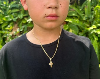 18K Gold Cross Necklace for Boy, Figaro Chain, Curb Chain, Baptism Gift for Teen Boy, Communion Necklace, Baby Gift, Toddler Crucifix