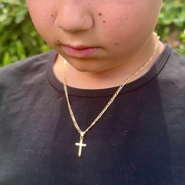 18K Toddler Boy Cross Necklace, Figaro Chain Cross, Ready to ship, Curb Chain, Gold Necklace, Boy Cross Necklace, Kids Jewelry, Boys gift