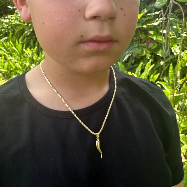 18K Kids Italian Cornicello on Rope Necklace, Gold Italy Horn Chain, Italian Jewelry, Gift for Italian Boy, Mano Cornuto, Gold Filled Chain