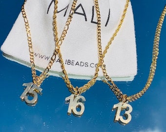 18K Number 16 Charm Necklace, Sweet Sixteen, Gift for Sixteen Year Old, Teen Boy #16 Necklace, Birthday Gift, Girl Necklace, Gold Filled