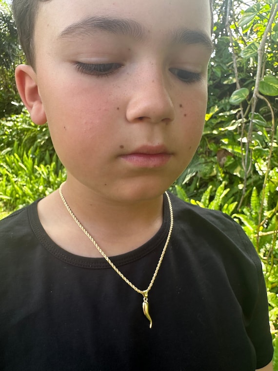 18K Kids Italian Cornicello on Rope Necklace, Gold Italy Horn Chain, Italian Jewelry, Gift for Italian Boy, Mano Cornuto, Gold Filled Chain