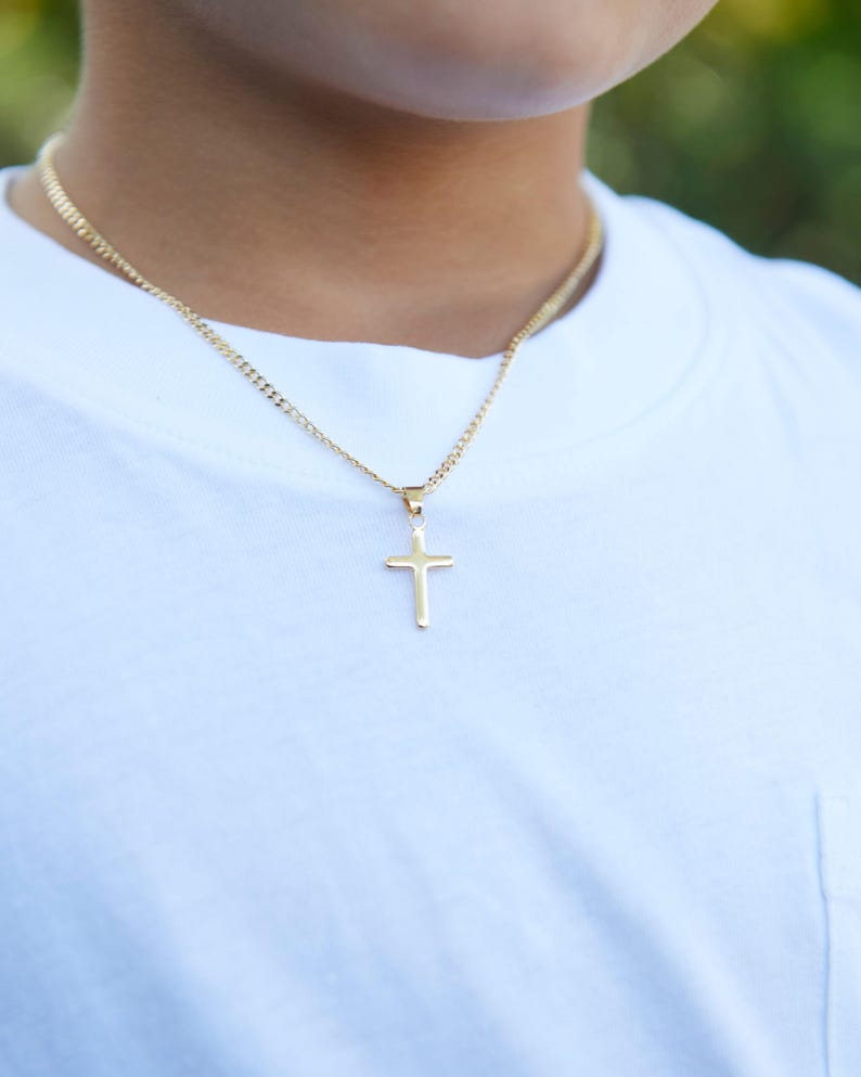 18K Gold Filled Cross Necklace, Figaro Chain, Boy's Jewelry image 2