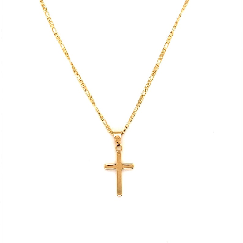 May include: A gold chain necklace with a small gold cross pendant.