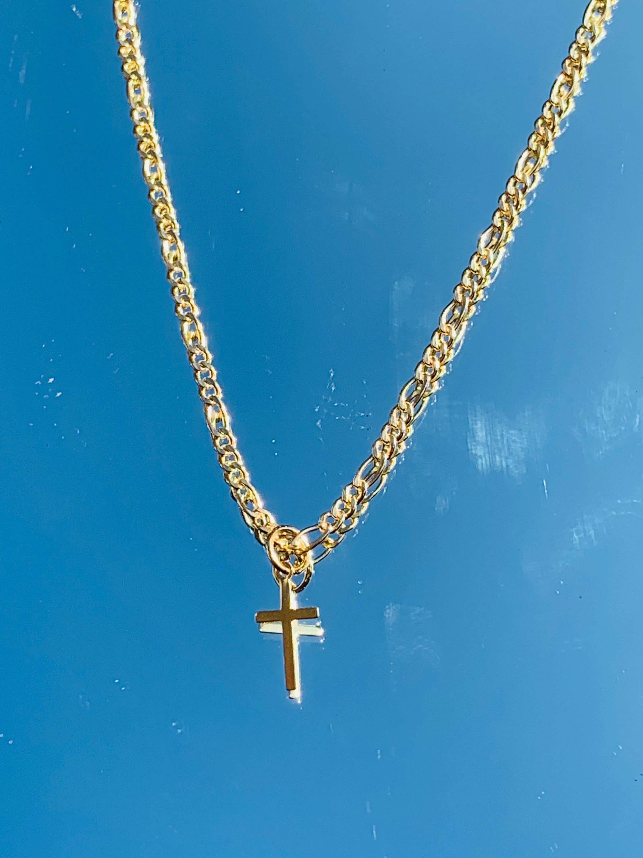 Collana Con Croce In Oro 14k Donna MONOZO - Ciondolo Semplice E Stratificato, Regalo Con Sacchetto In Velluto