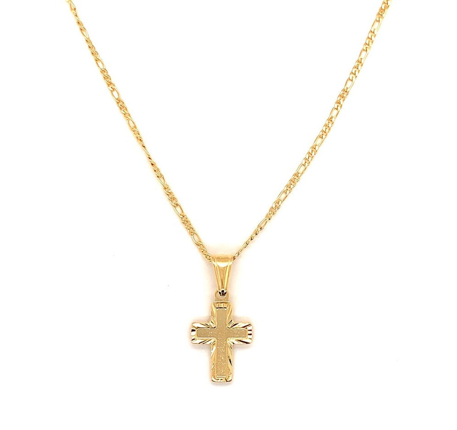 18K Toddler Boy Cross Necklacefigaro Chain With Crosskids Etsy