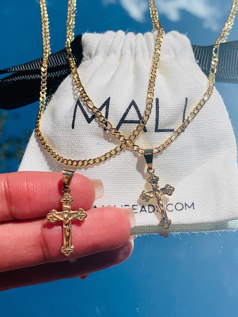 18K Gold Cross Necklace for Baby, Gold Filled Crucifix on Figaro Chain