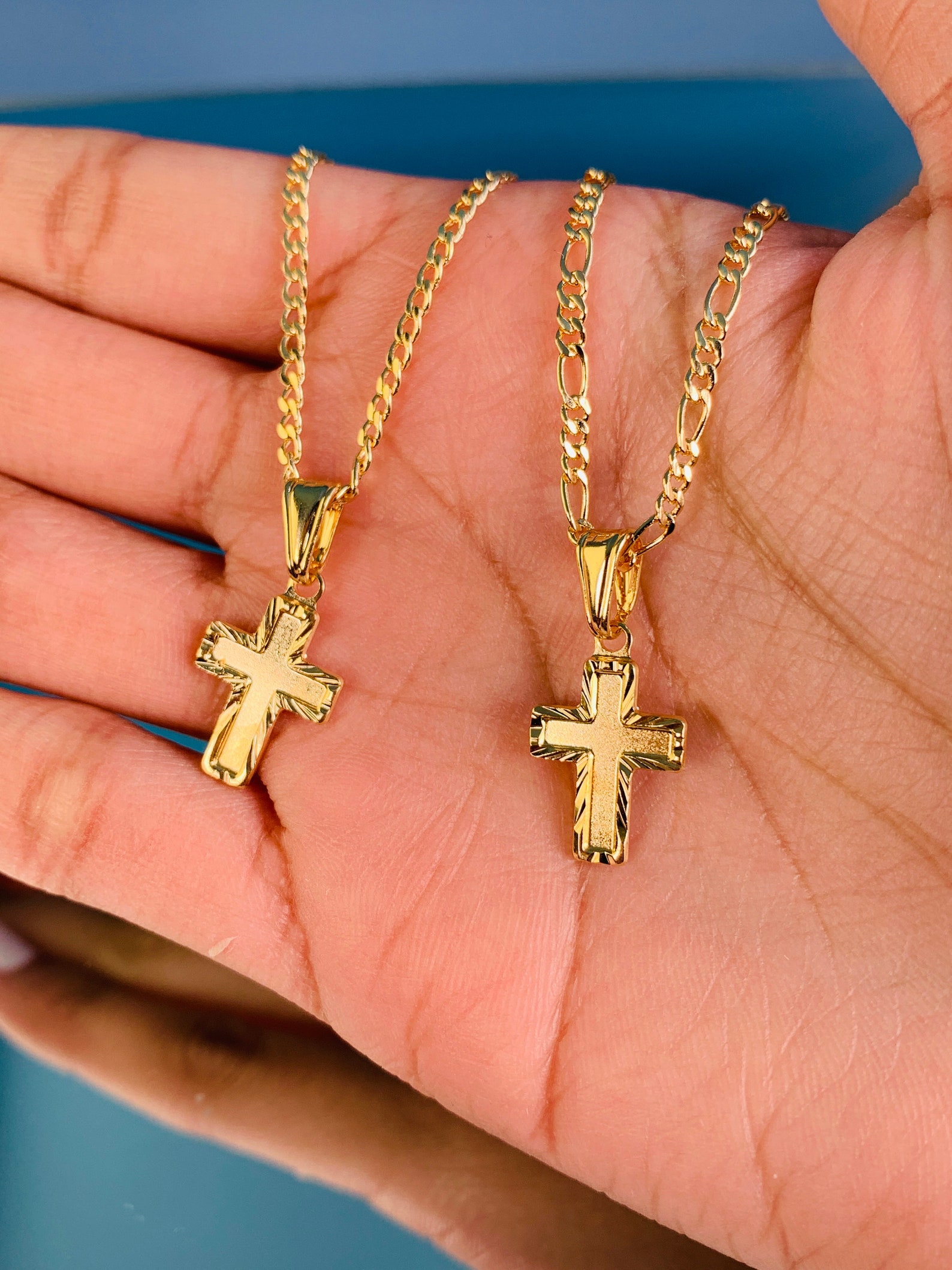 18K Toddler Boy Cross Necklacefigaro Chain With Crosskids Etsy