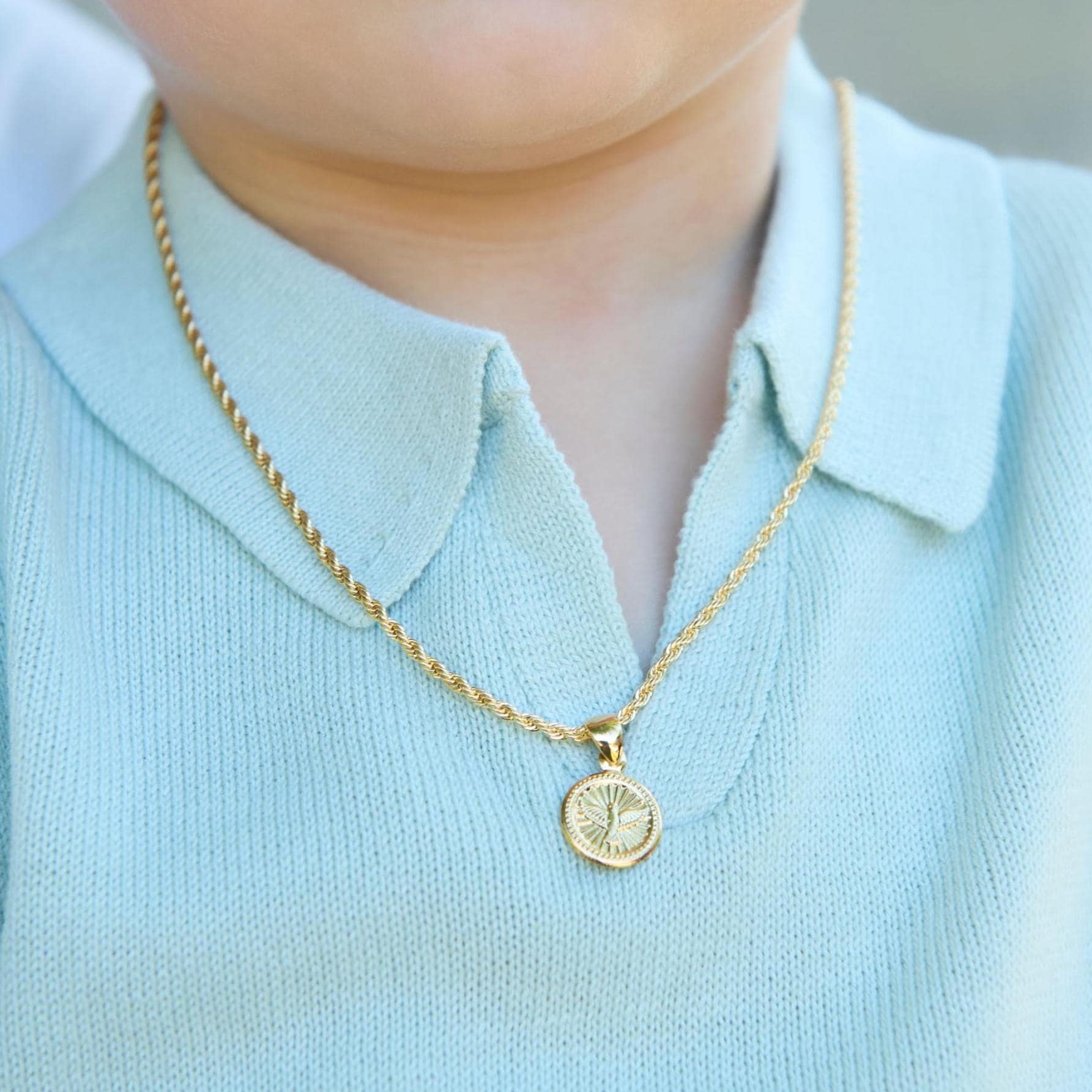 18K Holy Spirit Baby Charm Necklace, Toddler Boy Protection Necklace
