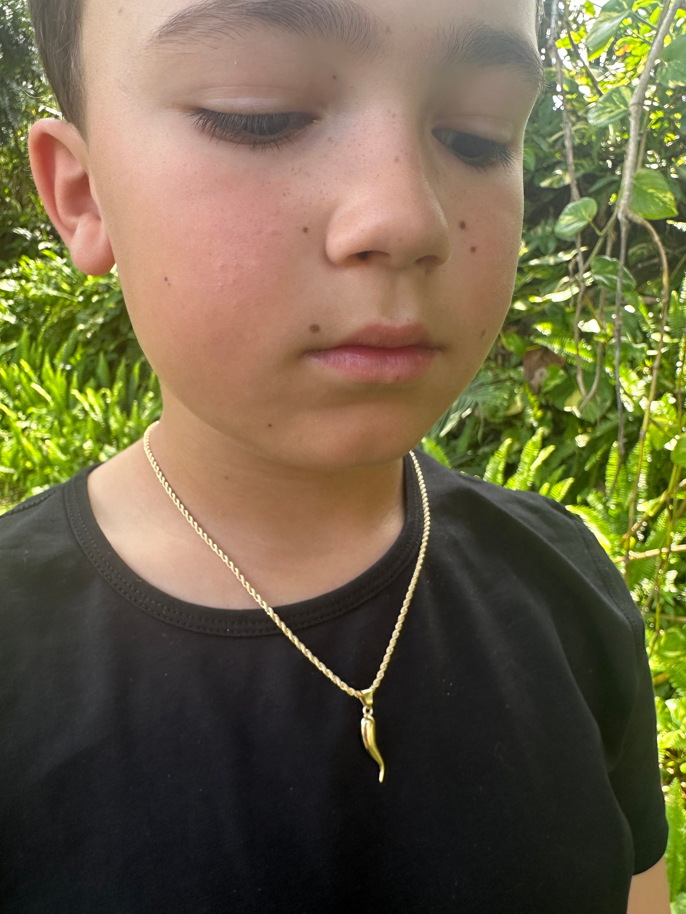 18K Kids Italian Cornicello on Rope Necklace, Gold Italy Horn