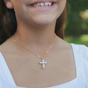 18K Pearl Cross Necklace for Teen Girl, Gold Cross Chain, Christian Gift, Cross Jewelry, Religious Gift, Gold Filled, Catholic Necklace