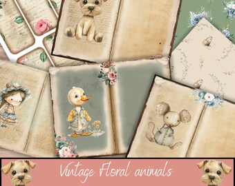 Vintage digital Junk Journal Kit, Animal Ephemera, junk journal tags, vintage papers, Digital Download,