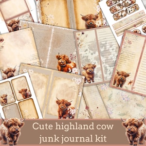 Op de afbeelding: Een verzameling papieren ephemera in vintage-stijl met illustraties van Schotse Hooglandkoeien en bloemmotieven. De kit bevat gelinieerde pagina's, tags en decoratieve elementen, allemaal met een rustieke, verouderde uitstraling. De tekst op de afbeelding luidt: "Cute highland cow junk journal kit."