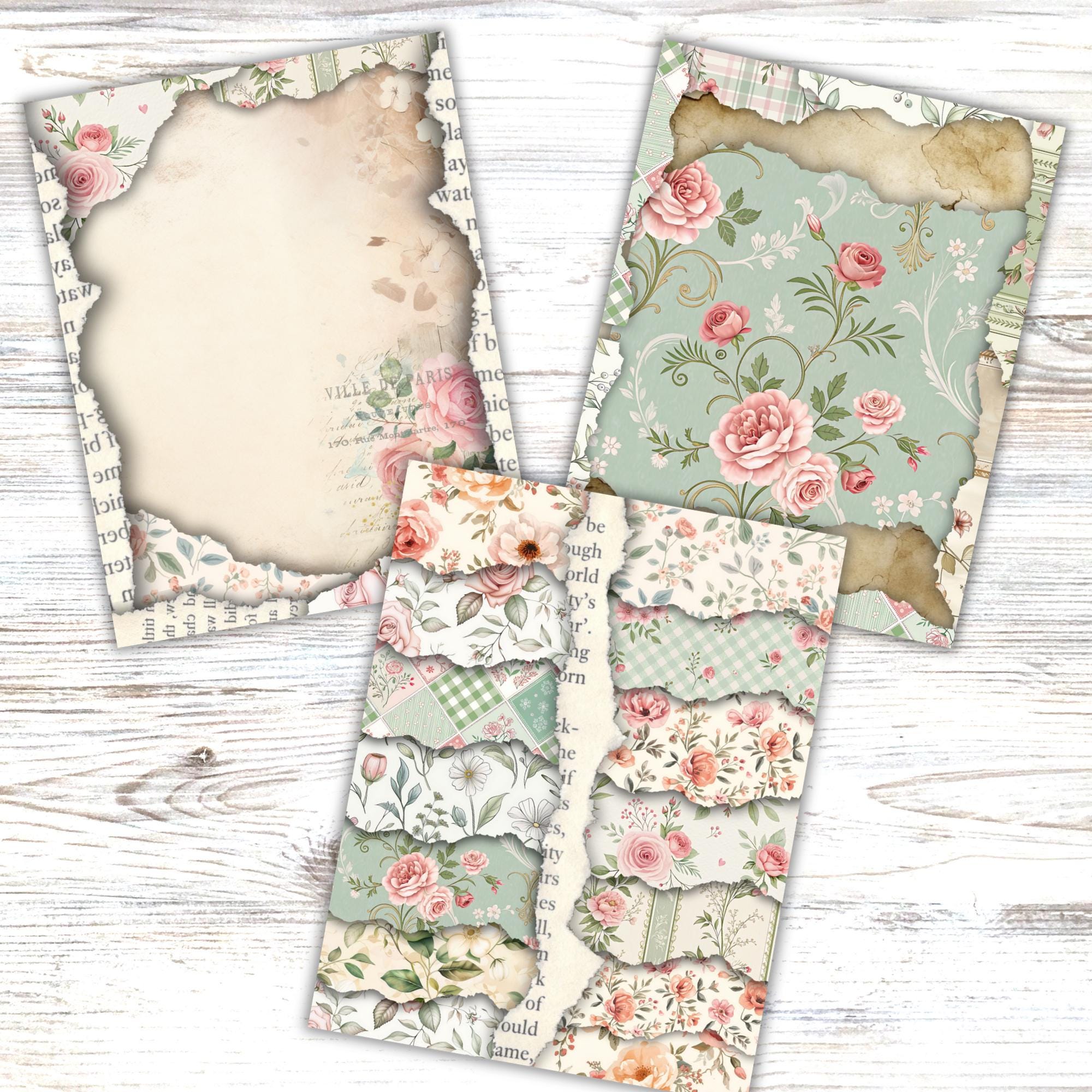 Shabby Chic Floral Junk Journal Pages, Vintage Journal Pages, Old Paper ...