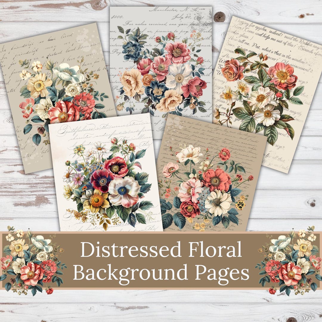 Distressed Floral Junk Journal Pages, Kit, Scrapbook Paper, Printable ...