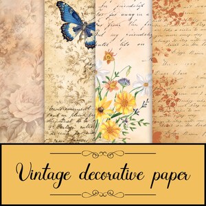 May include: Four vintage decorative paper sheets with different designs. The first sheet features a light brown background with a floral pattern and a butterfly. The second sheet has a light brown background with a floral pattern and handwritten text. The third sheet has a light brown background with a floral pattern and handwritten text. The fourth sheet has a light brown background with a floral pattern and handwritten text.