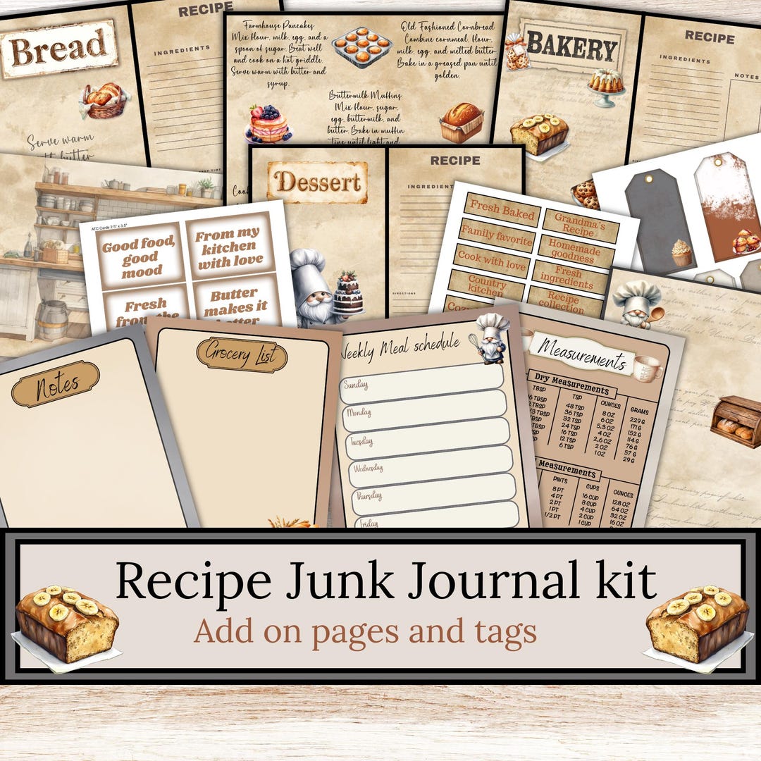 Vintage Recipe Junk Journal Kit Printable, Baking Ephemera, Kitchen Journal Pages, Cookbook ...
