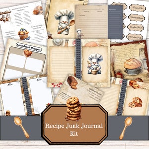 May include: A printable recipe junk journal kit with a brown and white background. The kit includes pages with lined and blank spaces for writing recipes, as well as decorative elements like gnomes, spoons, and food illustrations. The text "Recipe Junk Journal Kit" is printed in brown on a brown octagon.