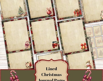 Op de afbeelding: Een verzameling gelinieerde kerstdagboekpagina's met decoratieve randen. Elke pagina bevat een feestelijke illustratie, waaronder een kerstboom, ornamenten en zuurstokken. De tekst "Lined Christmas Journal Pages" wordt weergegeven op een decoratief label.