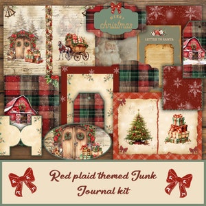 Christmas plaid junk journal kit, Christmas Scrapbook pages, Ephemera, Christmas tags, Digital downloads, Christmas junk journal kit,