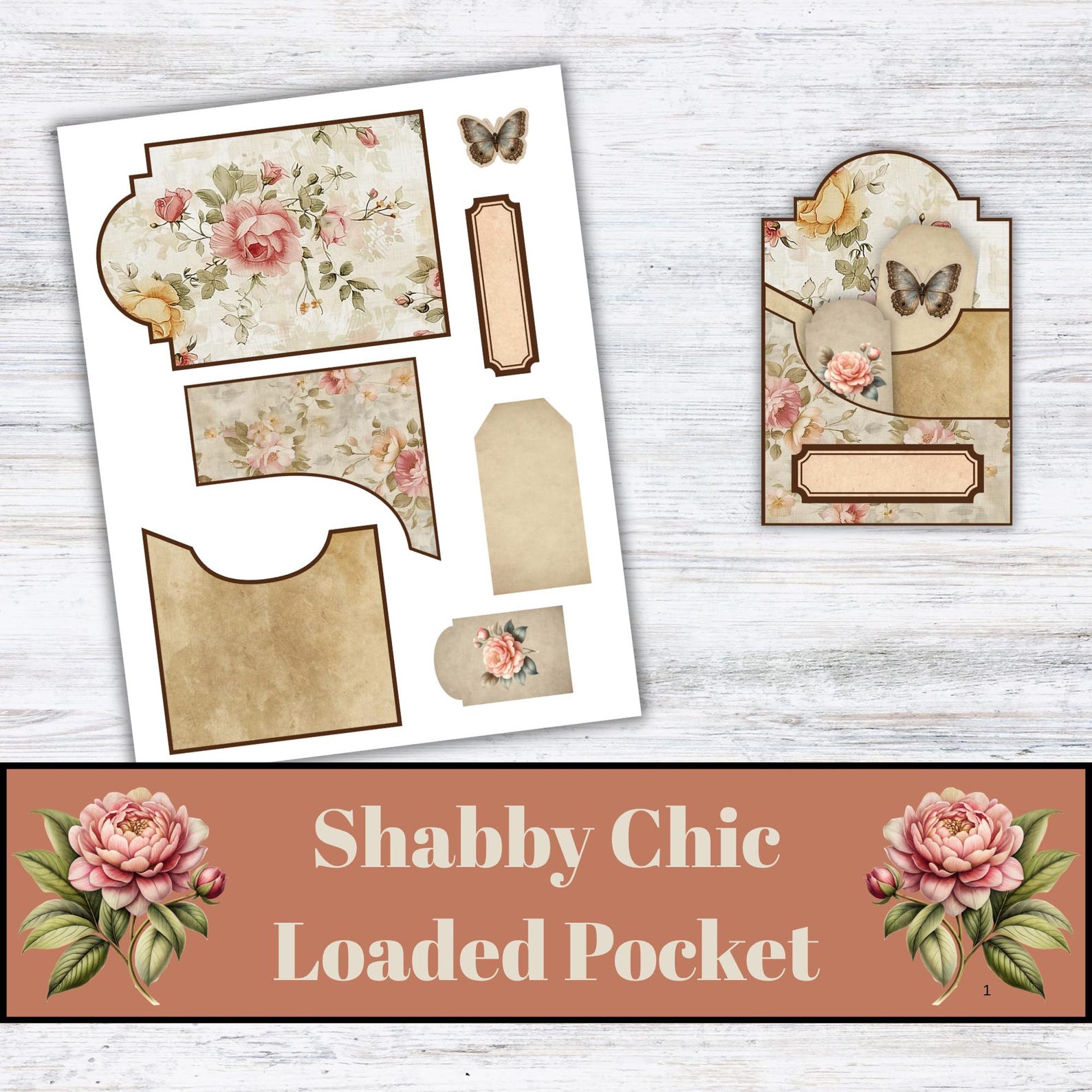 Vintage Rose Shabby Chic Loaded Pocket Tag, Ephemera, Junk Journal Tags ...