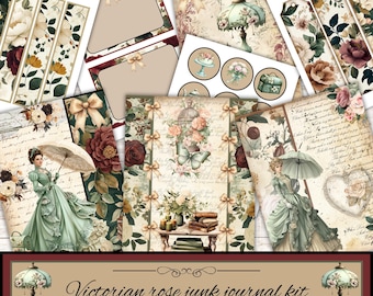 Viktorian Rose Junk Journal Kit zum Ausdrucken, Shabby Chic Blumen Ephemera Pack, Vintage Journal Seiten, Romantisches Papier Kit, digitaler Download,