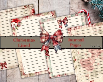 Op de afbeelding: Een verzameling kerst-thema gelinieerde journaalpagina's. De pagina's bevatten bloemen- en ruitpatronen met decoratieve strikken. De tekst op de afbeelding luidt "Christmas Lined Journal Pages 8.5 x 11 in."