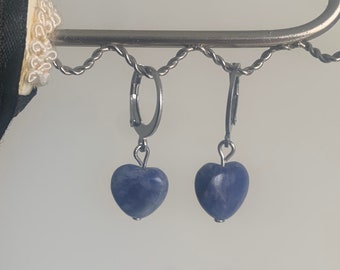 Sodalite Crystal Heart Stainless Steel Lever Back Earrings