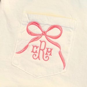 Cute Monogram Ribbon Bow Comfort Colors Pocket Tee | Coquette Bow Tee | Trendy Bow Tee | Gift for Her | Embroidered Tee | Bow Shirt |
