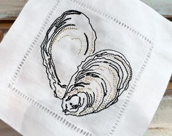 Embroidered Oyster Cocktail Napkins: Linen Cotton Blend, Coastal Decor