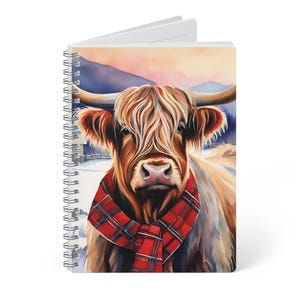 Spiral Notebook, Highland Cow Tartan Scarf, A5 Journal for Cow Lovers, Scottish Cow Landscape Diary, Cute Animal Planner, Gift for Nature