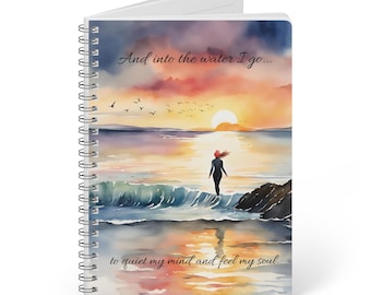 A5-notitieboekje met spiraal, inspirerend ontwerp bij zonsondergang tijdens wilde zwemmen, dagboek met zachte kaft, Into the Water I Go, dagboek voor zeezwemmer, cadeau voor wildzwemmen