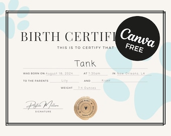 Puppy Birth Certificate Printable Template | Male | Fully Editable | Digital Download | Canva Free | Pet Birth Certificate
