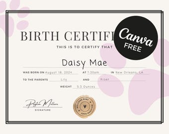 Puppy Birth Certificate Printable Template | FeMale | Fully Editable | Digital Download | Canva Free | Pet Birth Certificate