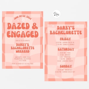 Op de afbeelding: Een roze en witte geruite uitnodiging voor een vrijgezellenfeest. De uitnodiging zegt "Darby's Bachelorette" en bevat een schema met evenementen voor vrijdag, zaterdag en zondag. De uitnodiging bevat ook de tekst "Dazed & Engaged" en "June 20-23, 2024".