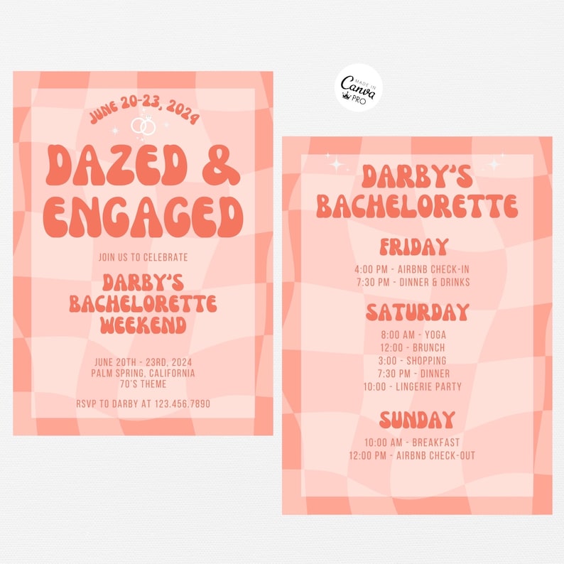 Op de afbeelding: Een roze en witte geruite uitnodiging voor een vrijgezellenfeest. De uitnodiging zegt "Darby's Bachelorette" en bevat een schema met evenementen voor vrijdag, zaterdag en zondag. De uitnodiging bevat ook de tekst "Dazed & Engaged" en "June 20-23, 2024".