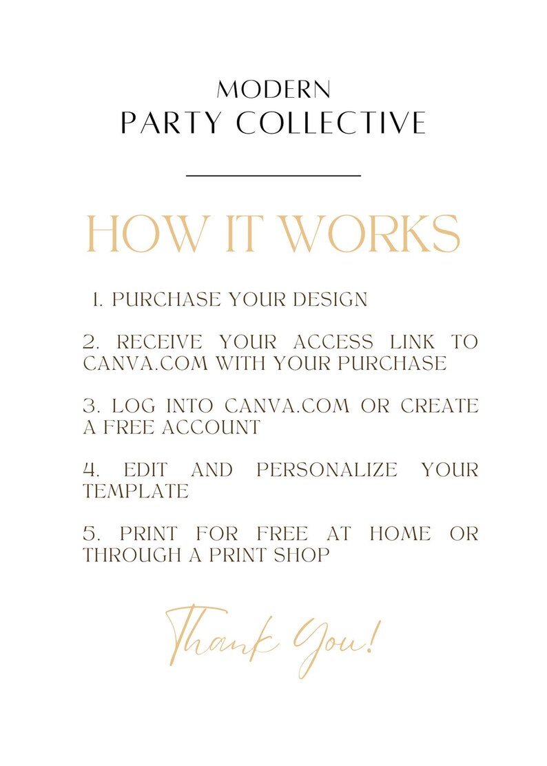 May include: A white background with black text that reads "MODERN PARTY COLLECTIVE" and "HOW IT WORKS". Below the text are instructions on how to purchase and personalize a design using Canva.com. The text ends with "Thank You!" in gold cursive.