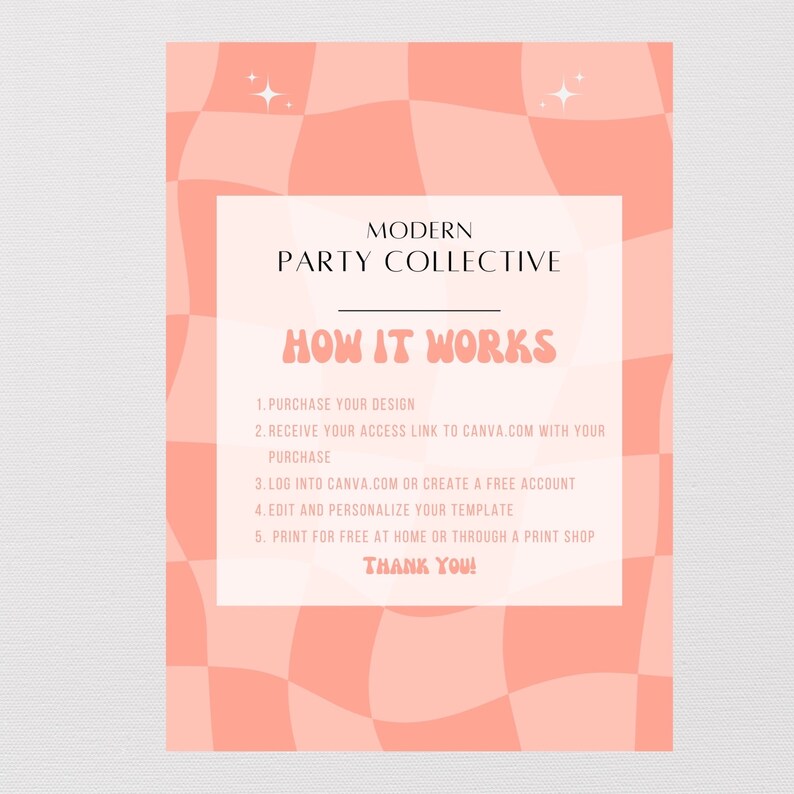 Op de afbeelding: Een roze en witte geruite achtergrond met een witte doos met de tekst "MODERN PARTY COLLECTIVE" en "HOW IT WORKS". De tekst hieronder legt uit hoe je een digitaal printbaar ontwerp kunt kopen en gebruiken.