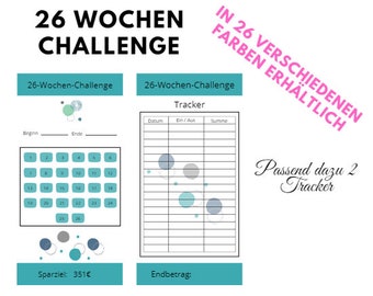 26 Wochen Challenge für dein A6 Binder, dazu erhältst du 2 passende Tracker, wählbar in 24 Farben