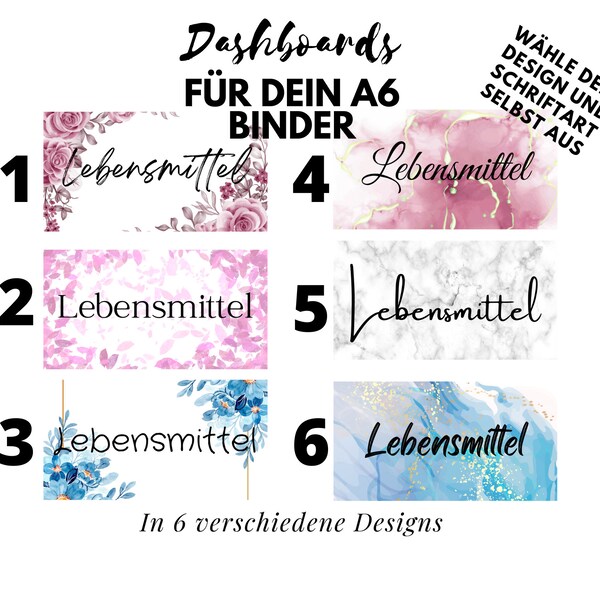 Dashboard/Deckblätter passend für dein A6 Binder Umschlag, verschiedene Designs wählbar, dazu Budget tracker