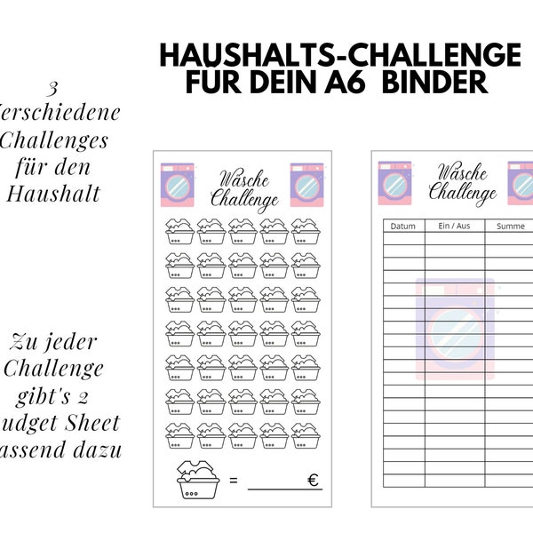 Haushalt-Challenge passend für dein A6 Zipper, Wäsche Challenge,Trockner Challenge, Geschirrspüler Challenge, Umschlagmethode, Sparchallenge