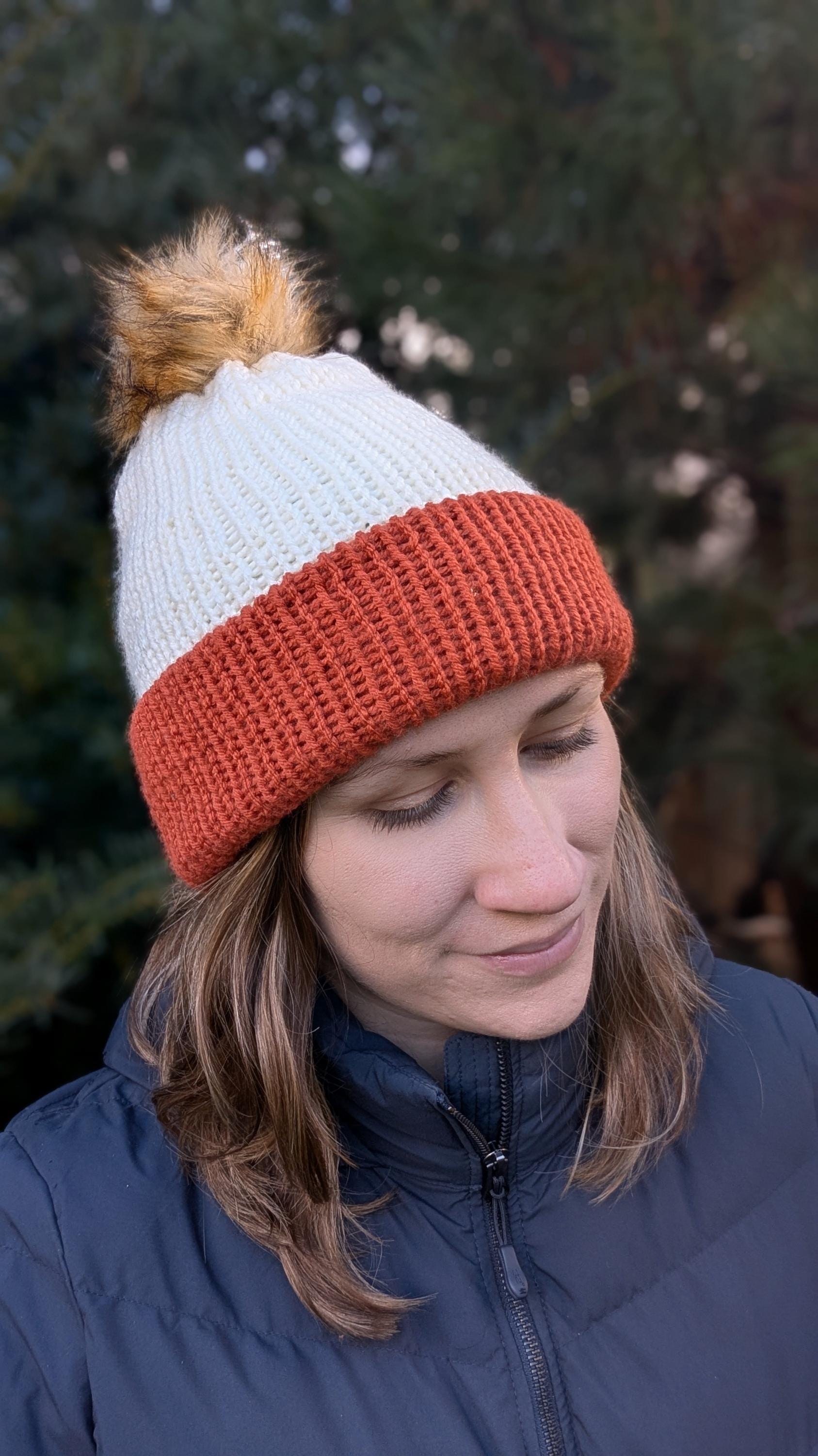 Acrylic Knit Beanie Hat With Pom Pom - Two-toned Winter Wear 
