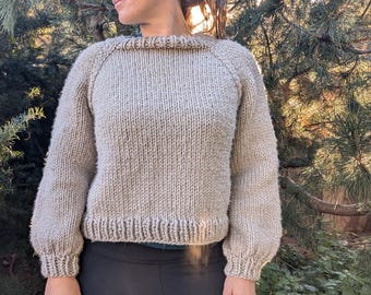 May include: A light beige, hand-knitted sweater with a boat neck and long sleeves. The sweater has a ribbed hem and cuffs. The yarn appears to be a blend of light and dark beige fibers. The background is a blurred view of green foliage.
